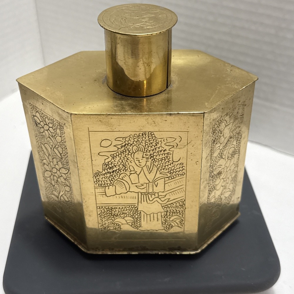 Antique Chinese Oriental Gold Brass Pewter Tea Caddy Etched Figures Hexagonal